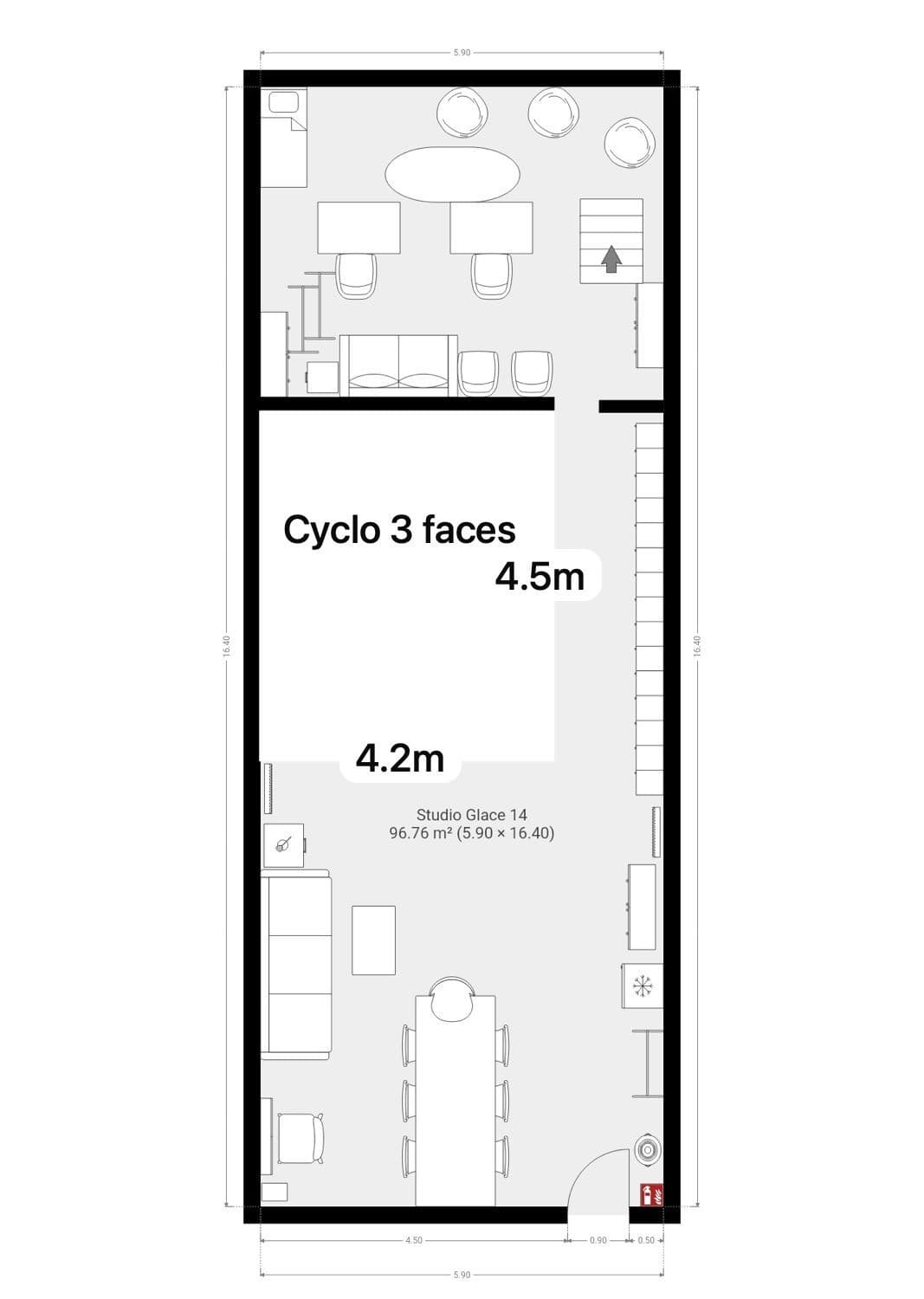 glace14 studio floor plan showing cyclorama, main studio, and production areas — 96.76m² (5.90 × 16.40m)